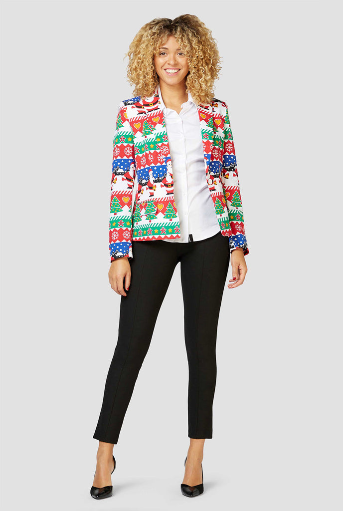 Multi -kleuren grappige kerstdruk blazer gedragen door een vrouw