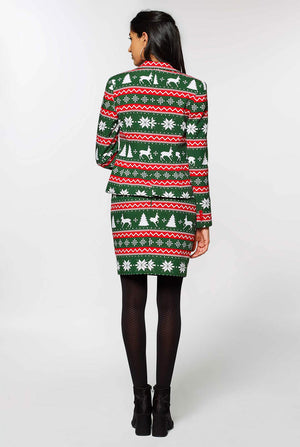 Vrouw met groen en rood kerstpak, bekijk vanaf de achterkant