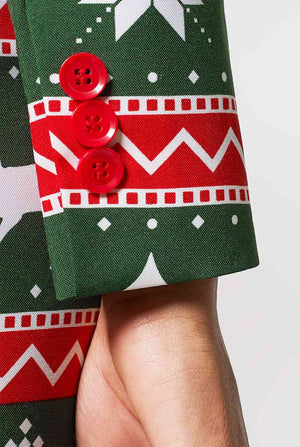 Vrouw met groen en rood kerstpak, mouw close -up
