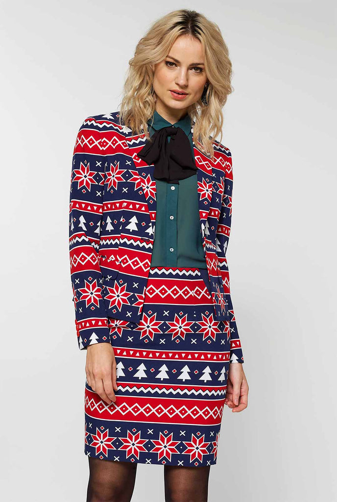 Dames blauw en rood Noordse kerstpak gedragen door de vrouw