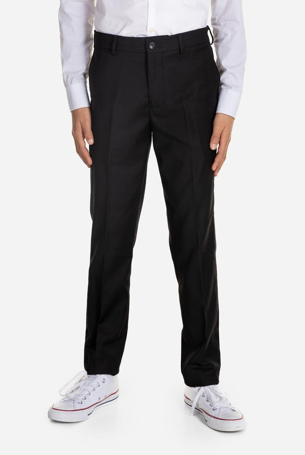 Tiener draagt ​​OppoSuits Daily Zwart tiener jongenspak, close up van de broek