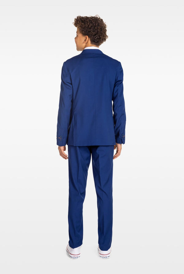 Tiener draagt ​​OppoSuits Daily blauw tiener jongenspak, zicht vanaf de achterkant