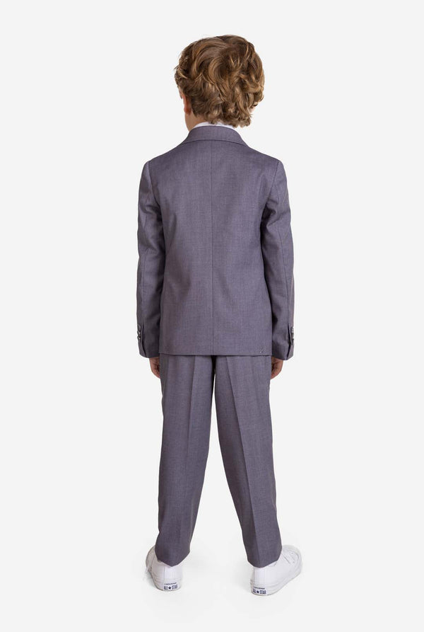 Jongen in grijs OppoSuits Daily kinderpak, zicht vanaf de achterkant