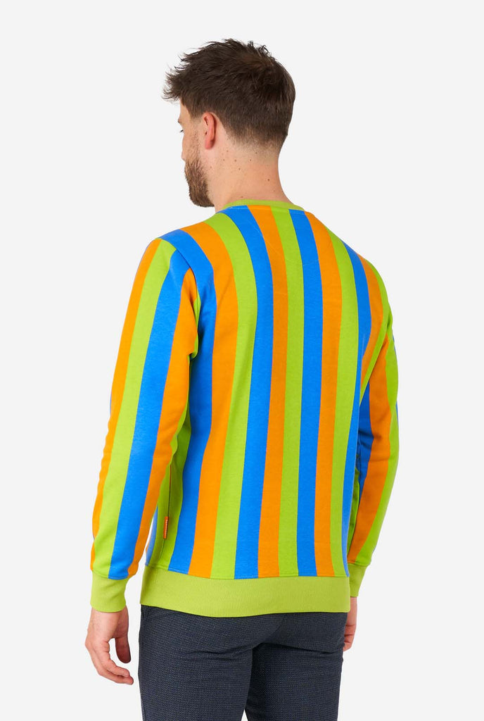 Man wearing Sesame Street Bert style Men's Sweater with green, blue and orange stripes, view from the back