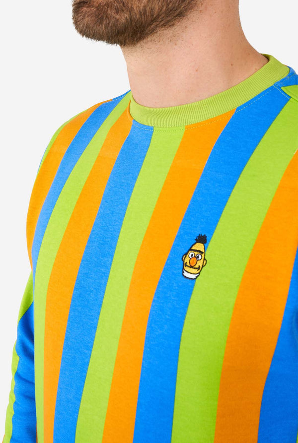 Man met Sesamstraat Bert-stijl herentrui met groene, blauwe en oranje strepen, close up