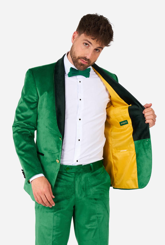 Man wearing St. Patrick's Day green velvet tuxedo.