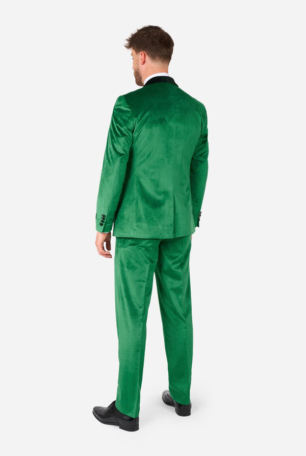 Man met St. Patrick's Day groene fluwelen smoking, zicht vanaf de achterkant