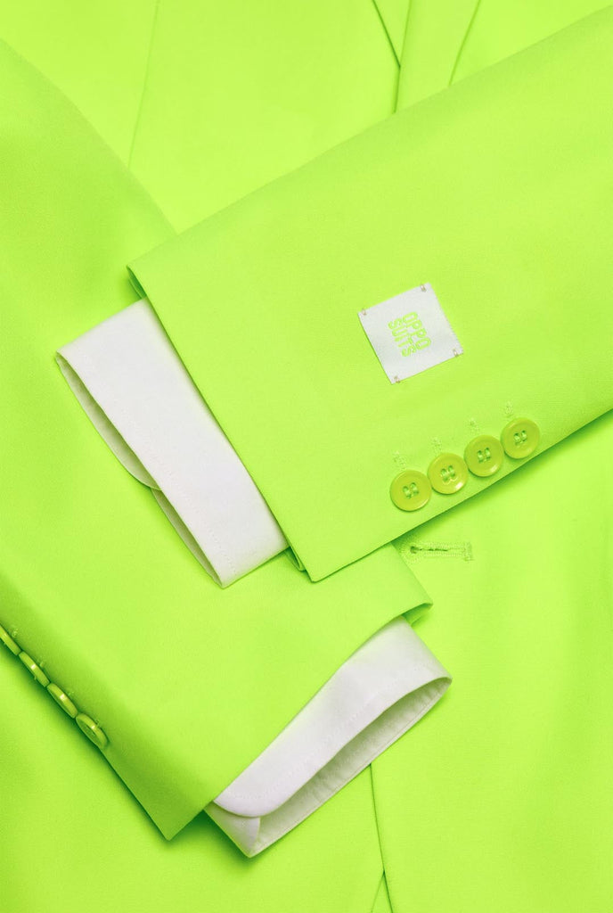 Man wearing neon lime green colored suit, close up