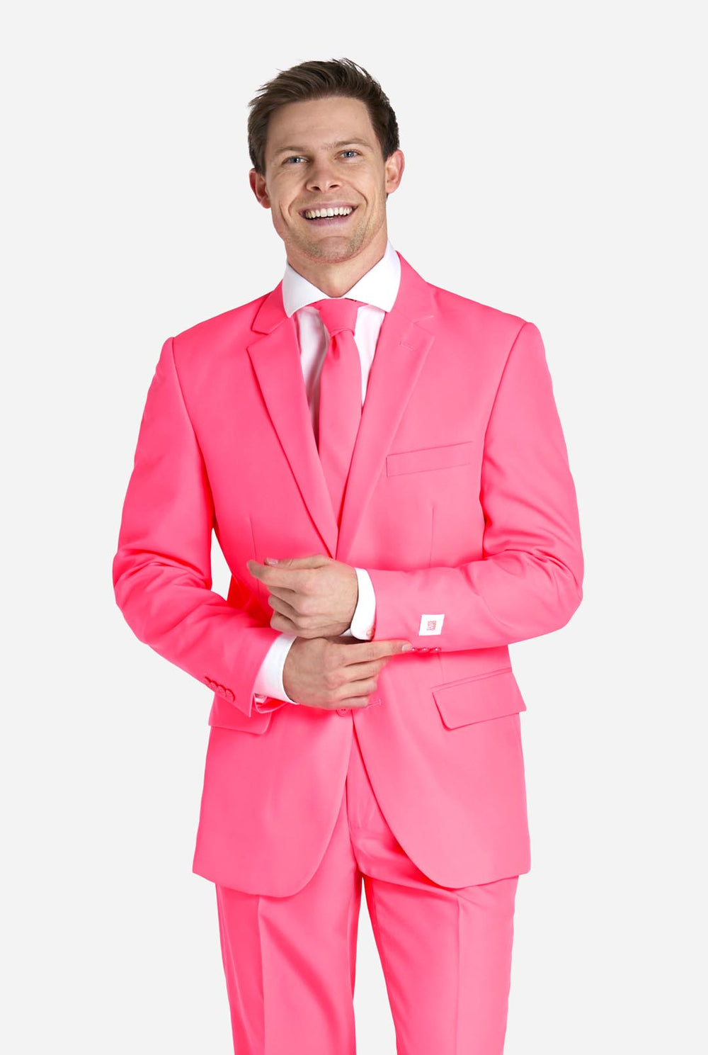 Man met neon roze herenpak